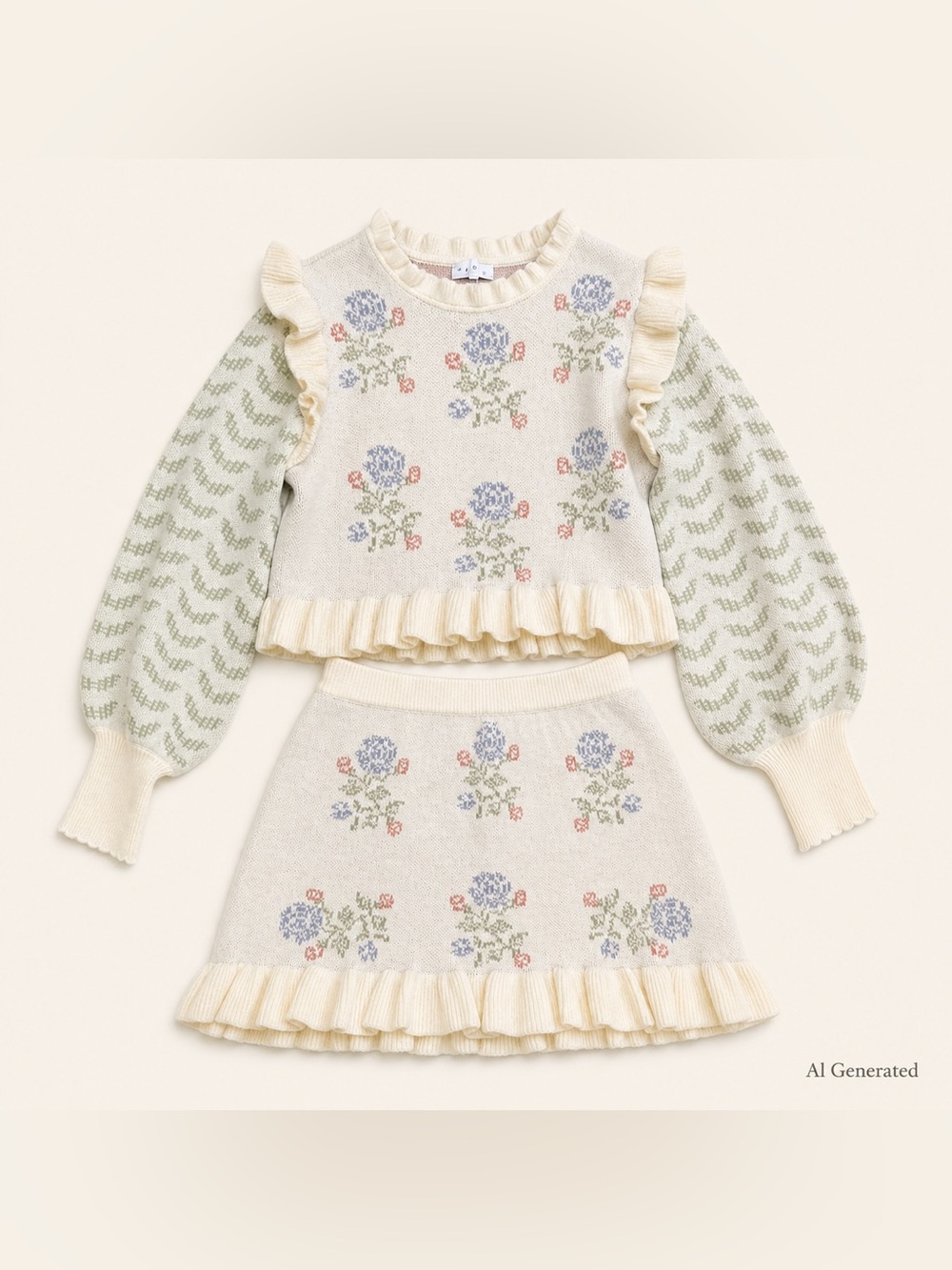 Mable Cream Floral Knit Mini Skirt / Sweater Set with Ruffle Hem Size Large